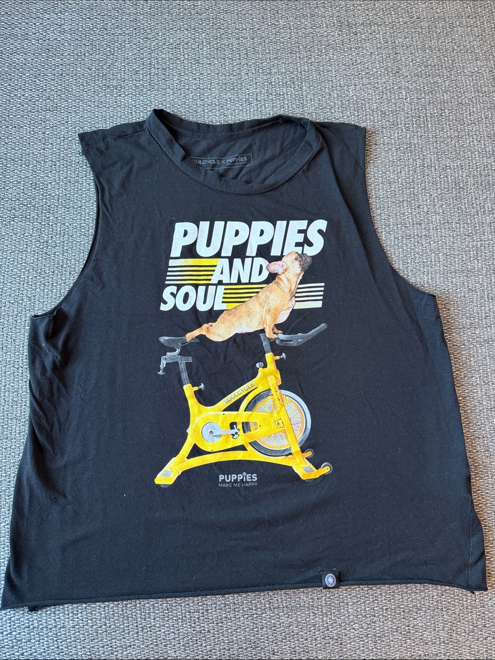SoulCycle Soul and Puppies Black Tank Top with Yellow Bike & Tan Dog Graphic